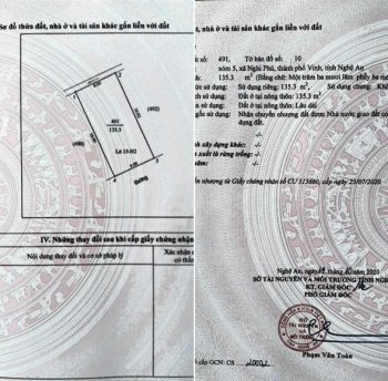 Bán 135.3m2 đất hướng đông nam, xóm 5 nghi phú, vinh ,nghệ An